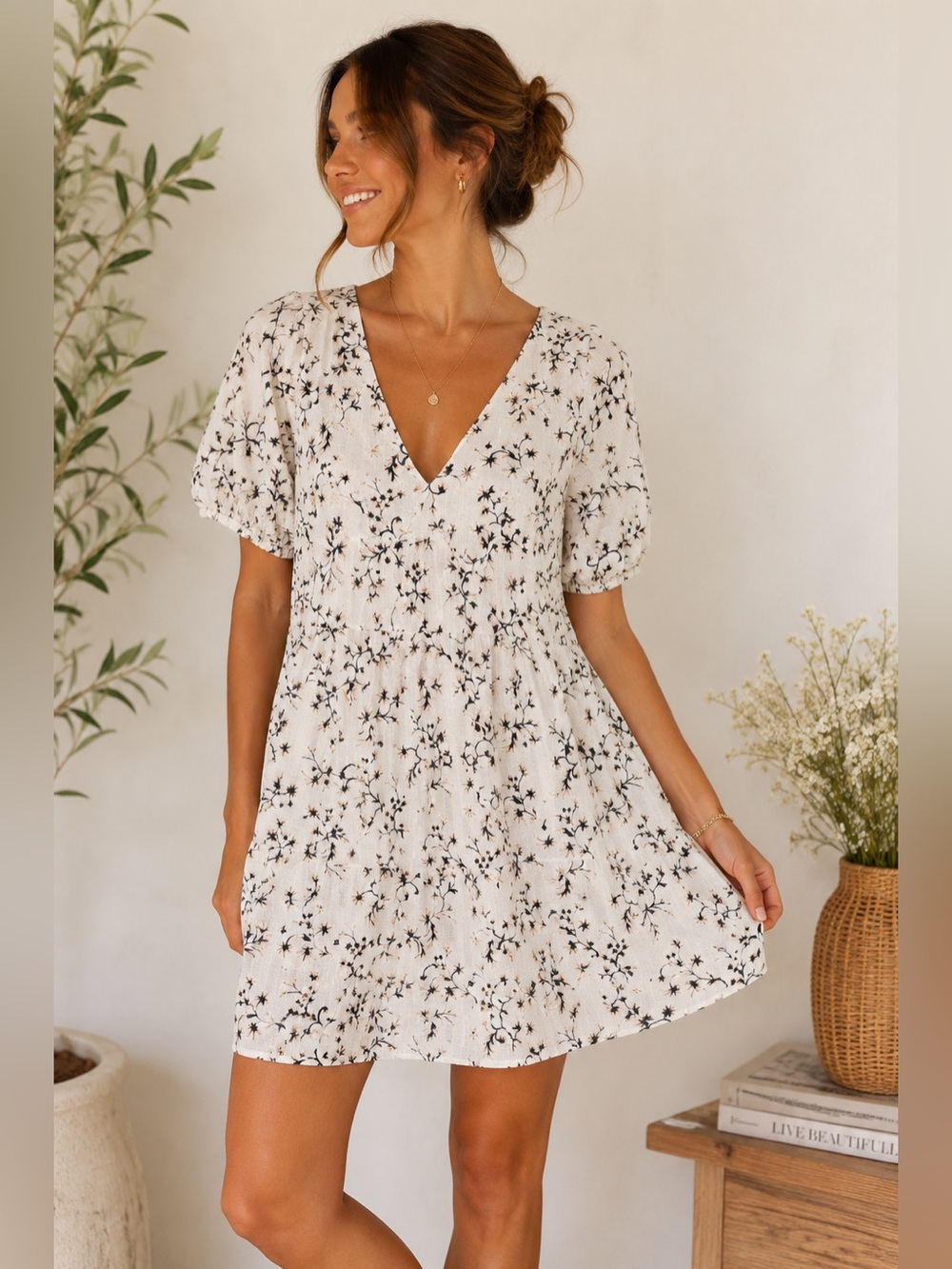 Universal Thread Floral Babydoll Mini Dress White Puff Sleeve NWT Small